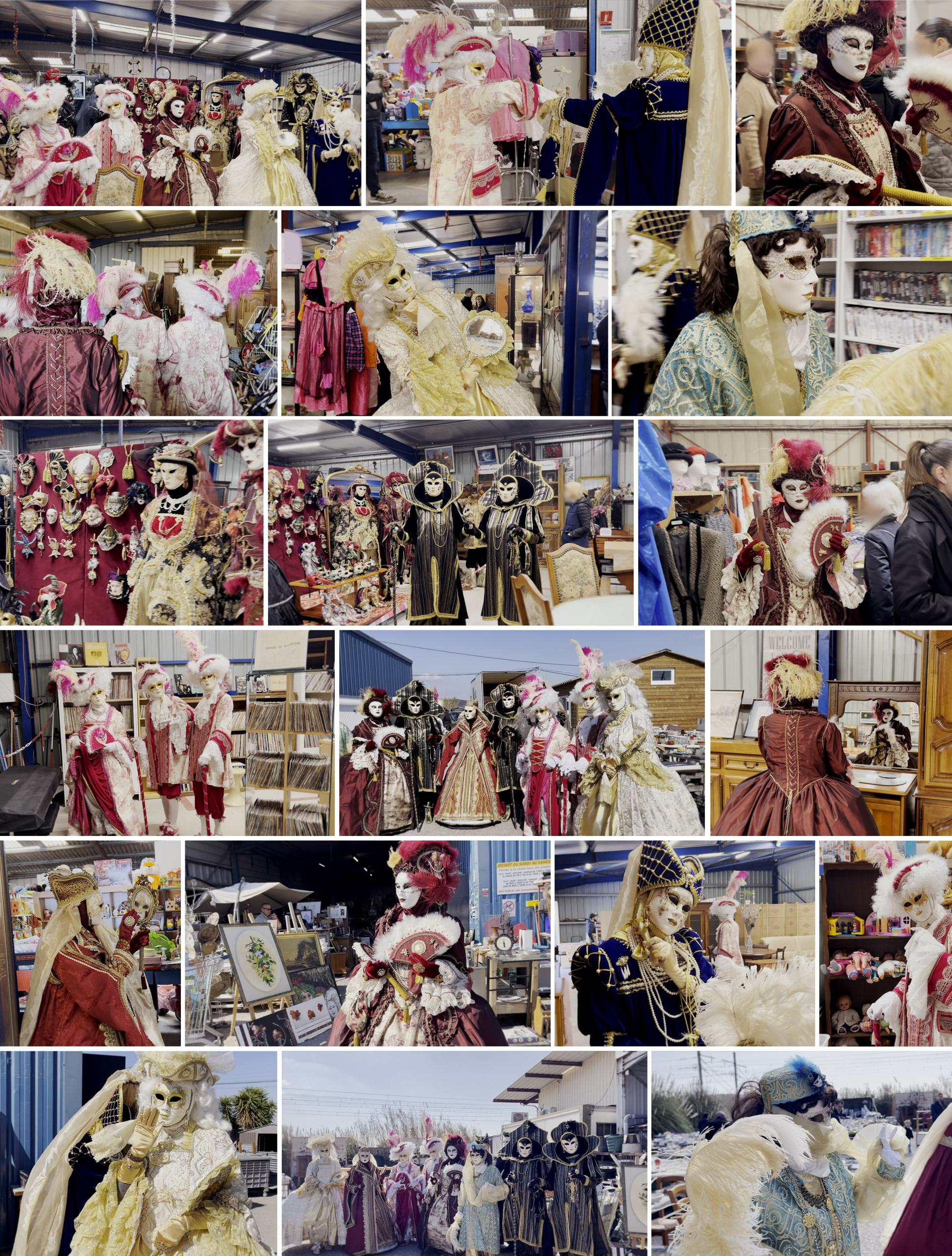 Collage de personnes habillées en costumes vénitiens avec des masques